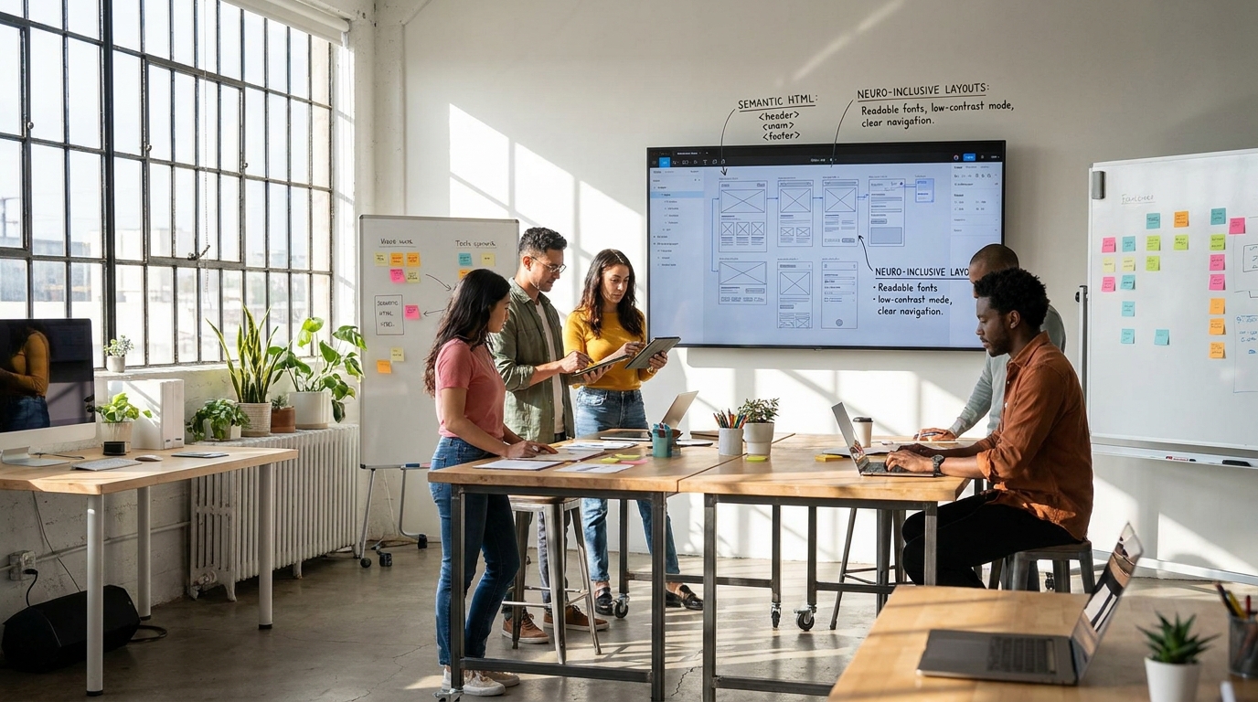 Équipe design UX travaillant sur des maquettes Generative UI intégrant tendances UX/UI et accessibilité neuro-inclusive