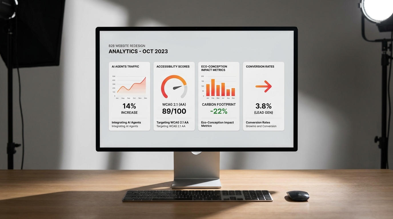 Dashboard mesurant la performance des tendances UX/UI avec KPIs IA, accessibilité WCAG et éco-conception