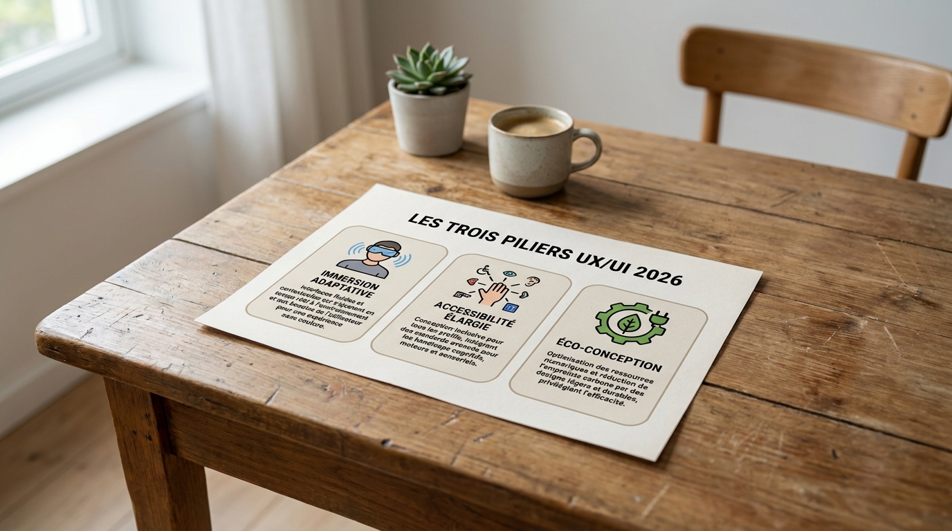 Infographie imprimée exposant les piliers clés des tendances UX/UI 2026 pour design digital durable
