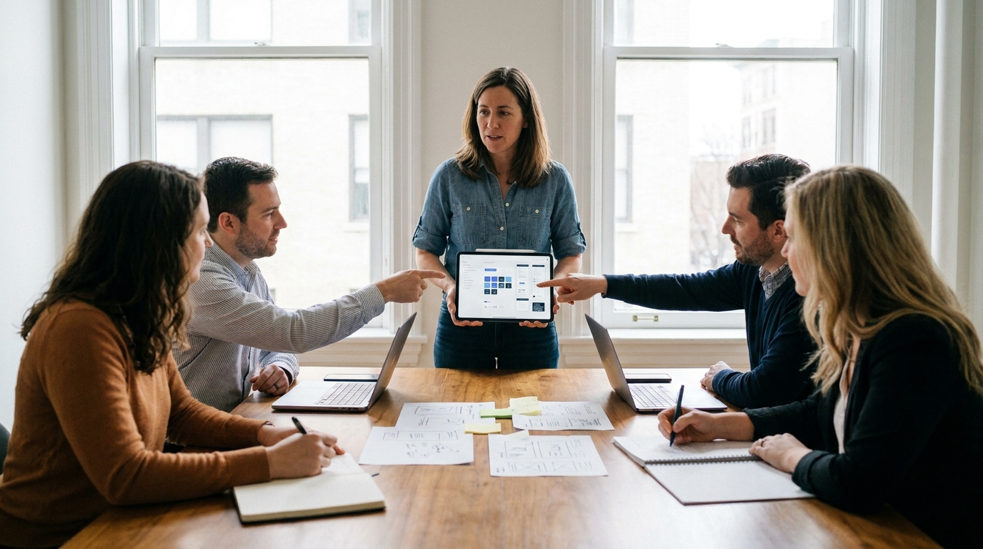 Atelier stratégique UX avec PME illustrant l'intégration des tendances UX/UI dans un design system modulaire
