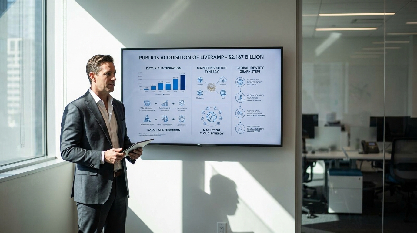 Cadre analysant une infographie détaillée du rachat LiveRamp par Publicis, illustrant l'automatisation IA marketing intégrée