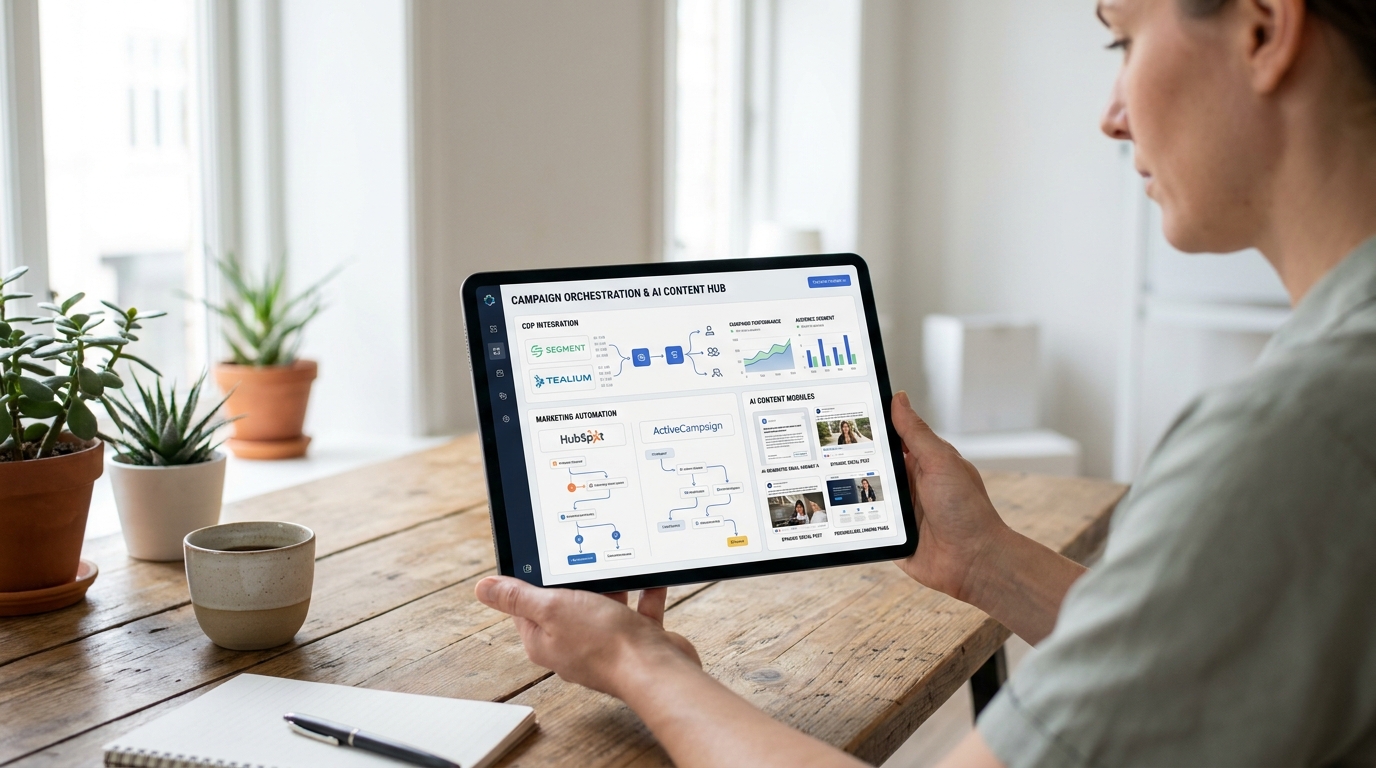 Professionnel marketing utilisant une interface intégrée de CDP et marketing automation pour automatisation IA marketing