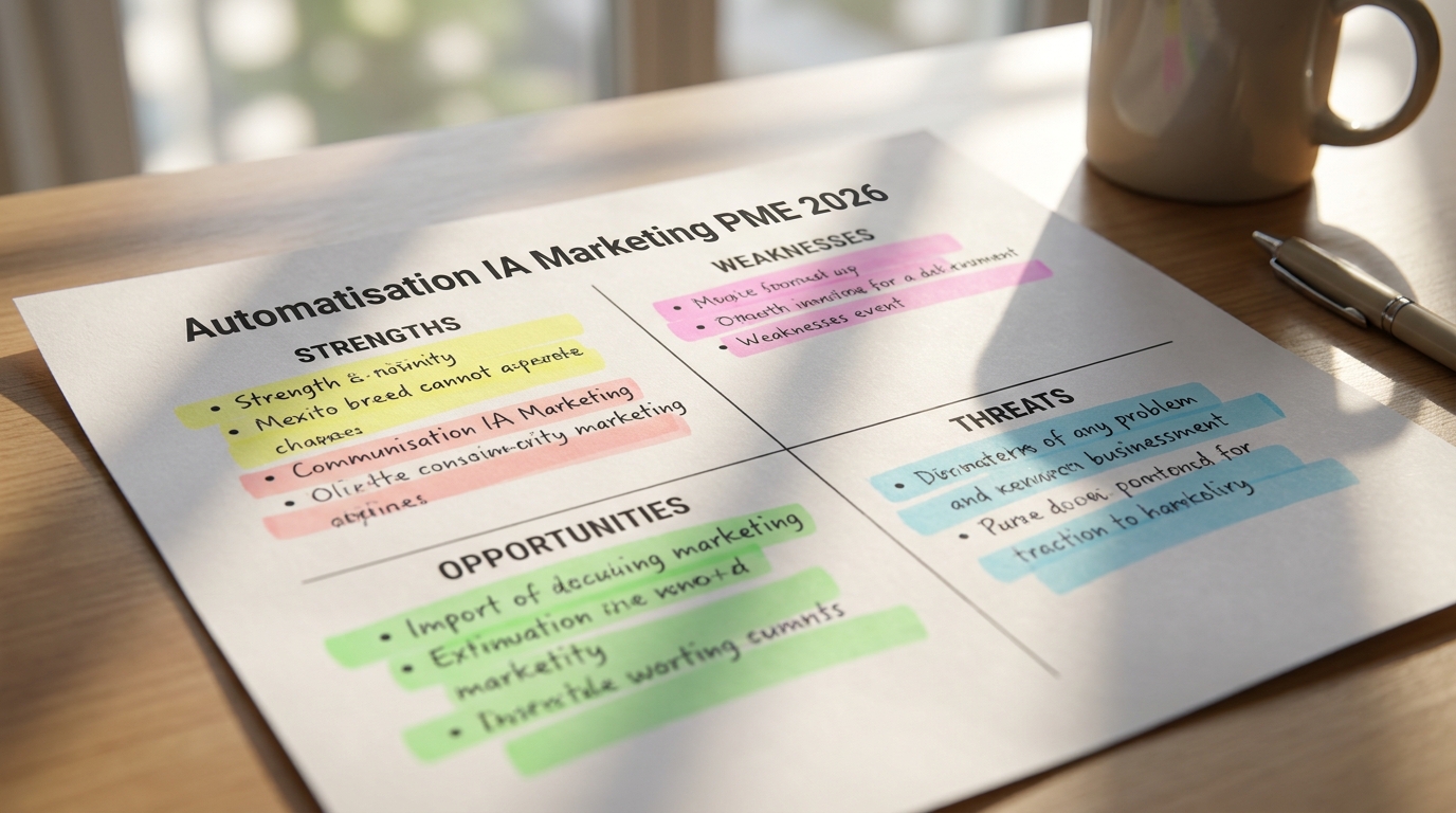 Analyse SWOT imprimée d'automatisation IA marketing pour PME avec annotations visibles sur bureau lumineux