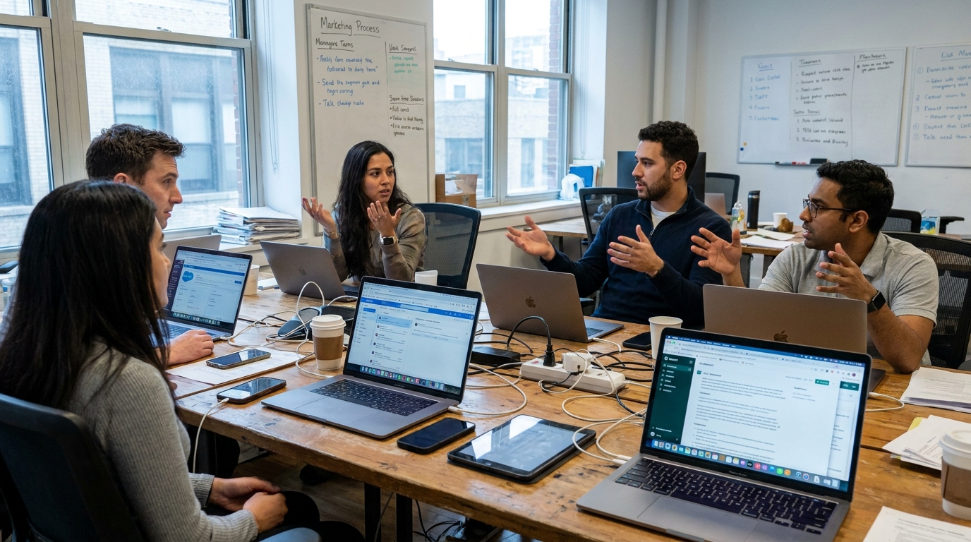 Équipe marketing confrontée à des outils non intégrés générant des erreurs d'automatisation IA marketing