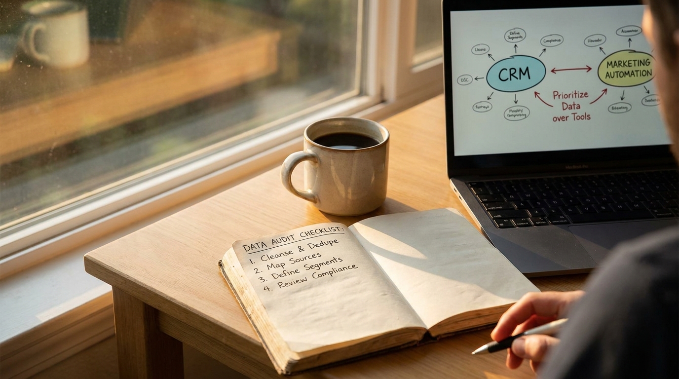 Carnet de notes avec checklist d'audit de données aux côtés d'un ordinateur préconisant l'automatisation IA marketing