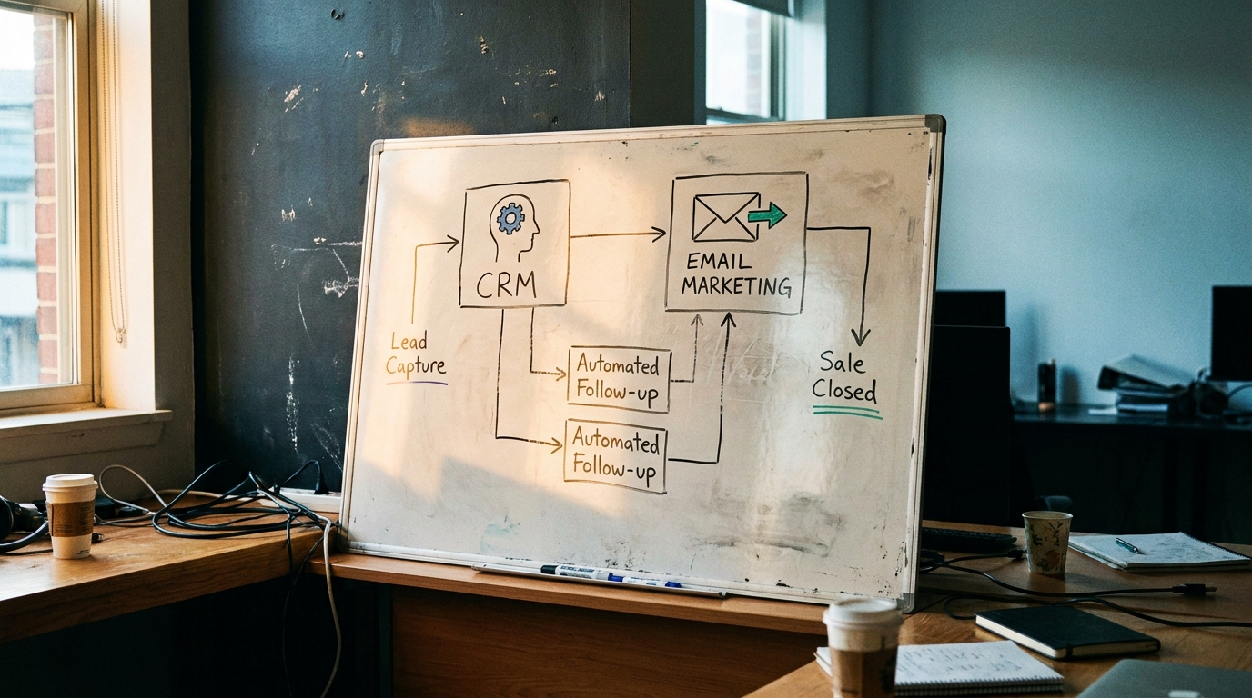 schéma d'un workflow automatisé avec des étapes reliées par des flèches, icônes CRM et email marketing, fond sombre