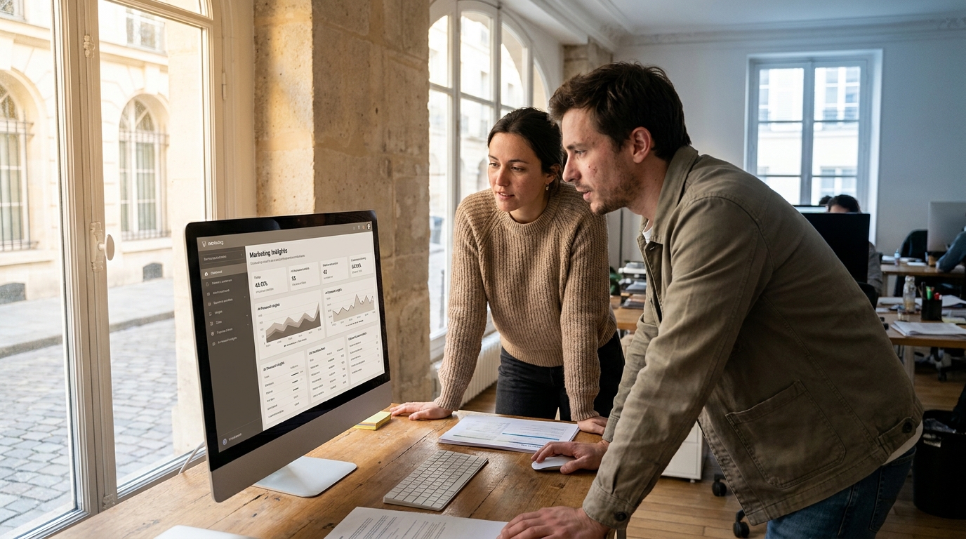 deux personnes en discussion autour d'un écran montrant un tableau de bord marketing avec métriques IA, bureau moderne parisien