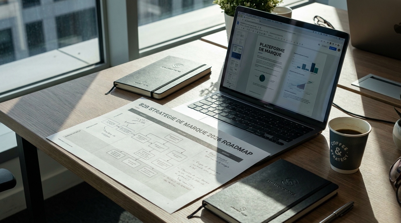 Documents de stratégie de marque B2B alignent mission et valeurs sur un bureau moderne éclairé par une lumière naturelle dynamique