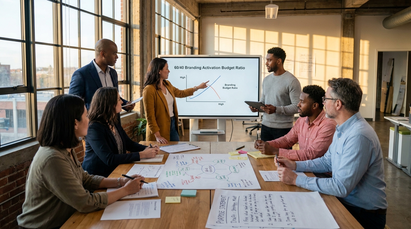 Atelier stratégie de marque B2B avec équipe définissant purpose et voix singulière sous lumière naturelle chaude de golden hour
