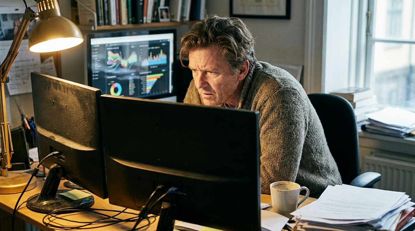 directeur marketing B2B analysant un tableau de bord de visibilité IA sur deux écrans