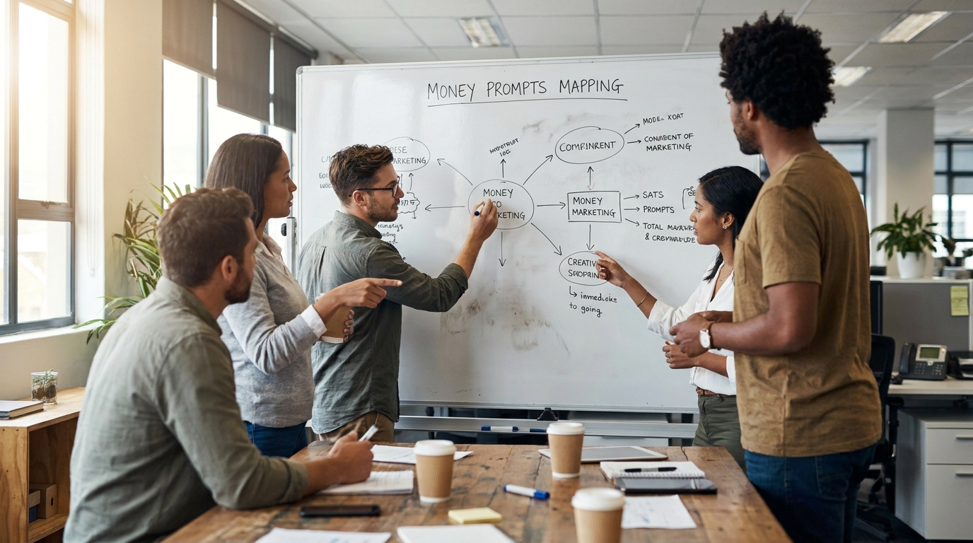 équipe marketing B2B construisant une cartographie de money prompts sur tableau blanc