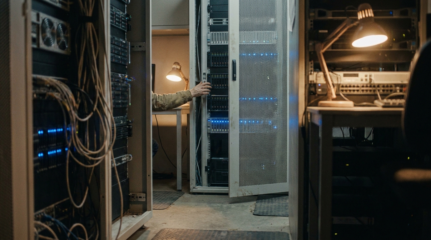 salle de serveurs data center avec lumières bleues symbolisant l'infrastructure data marketing