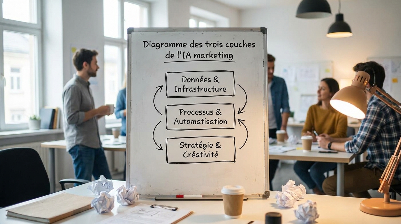 diagramme des trois couches de l'IA marketing avec flèches de progression