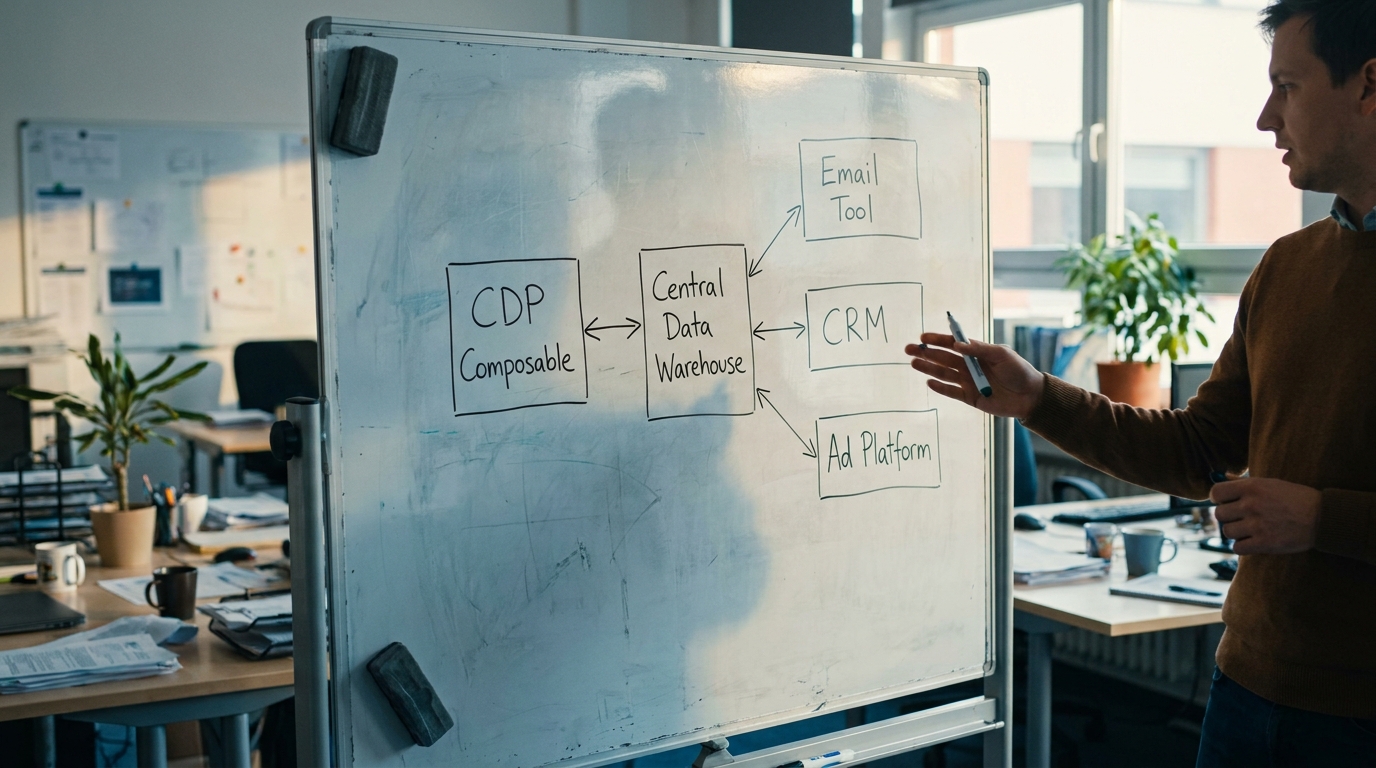 schéma d'architecture CDP composable avec data warehouse central et connexions vers outils marketing
