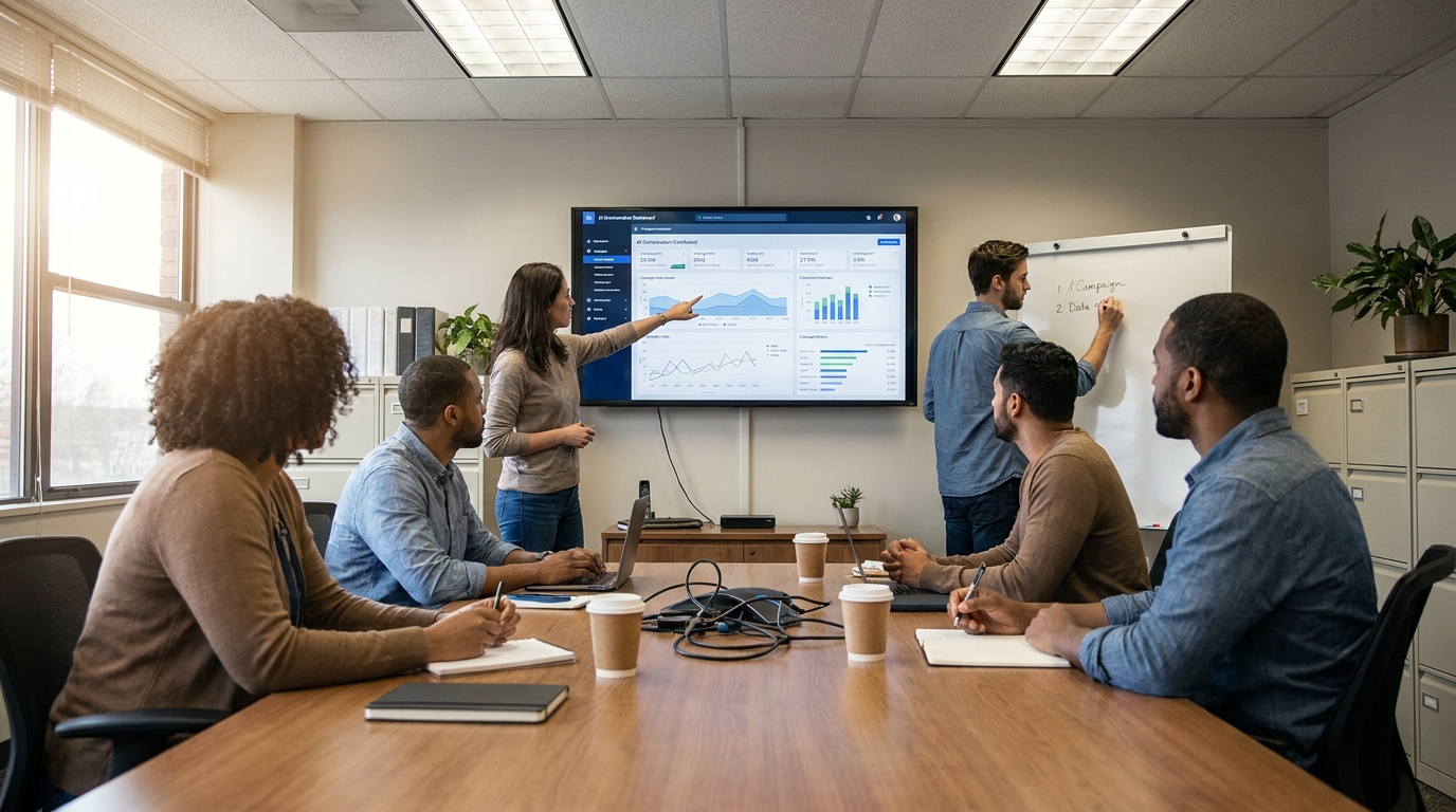 équipe marketing en réunion autour d'un tableau de bord d'orchestration IA avec données de campagne
