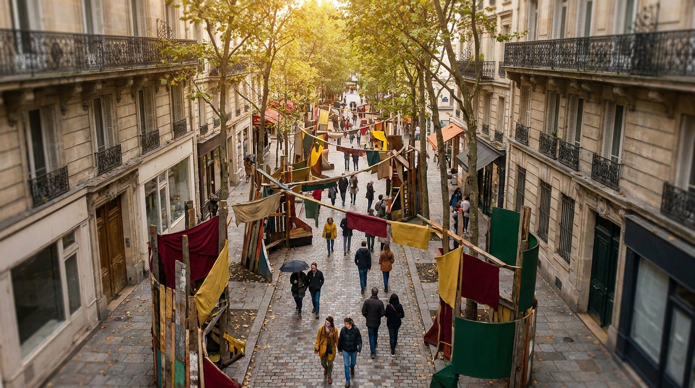 vue aérienne d'un parcours de design urbain à Paris en septembre, installations visuelles colorées dans une rue piétonne