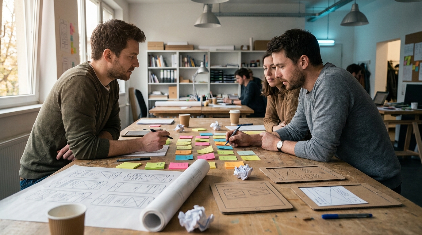 designers en atelier de co-conception autour d'une table avec post-its et maquettes d'interface