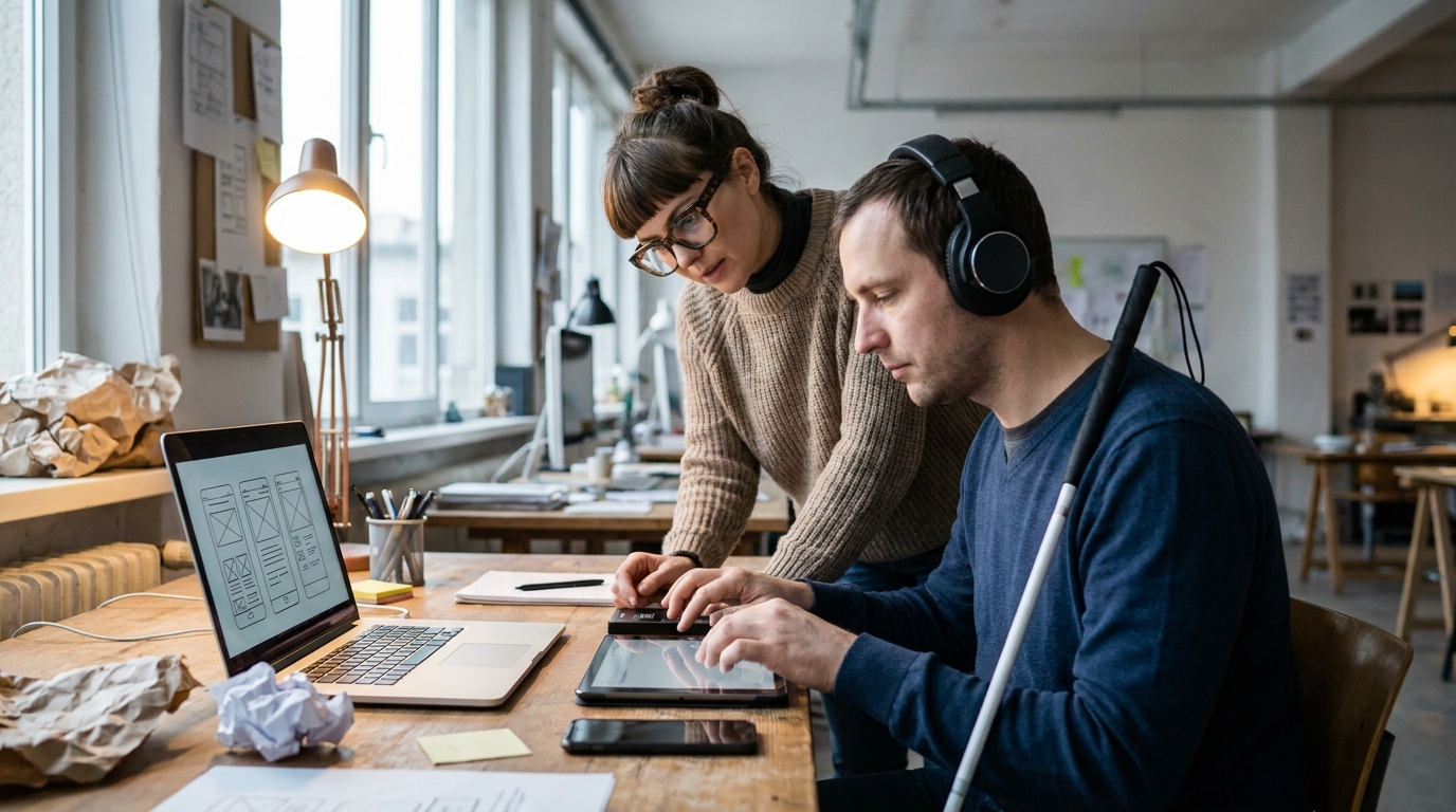 designer testant une interface sur plusieurs appareils avec un utilisateur en situation de handicap visuel