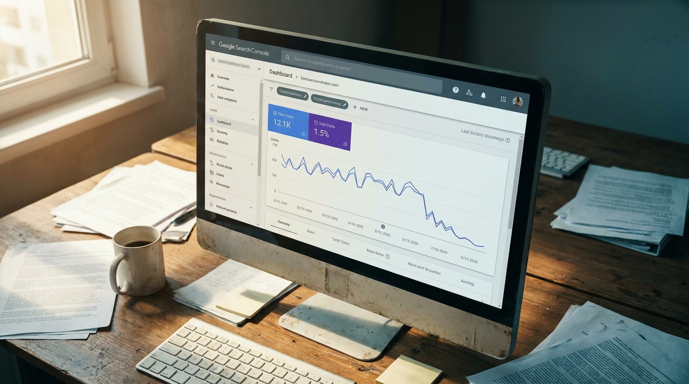 vue aérienne d'un tableau de bord Search Console montrant une chute de trafic organique fin juin 2026