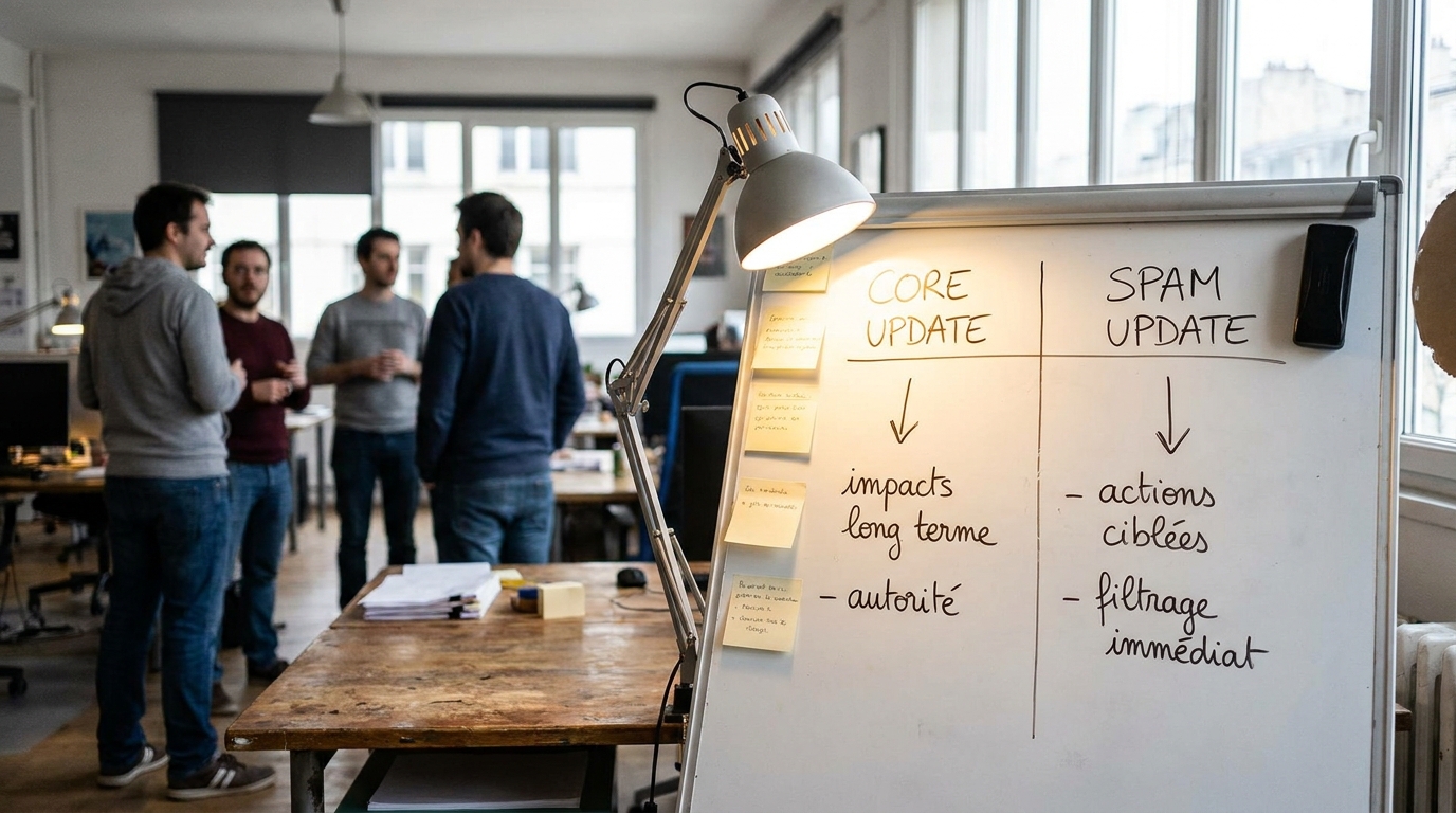 schéma comparatif Core Update vs Spam Update avec leurs impacts respectifs sur un site B2B