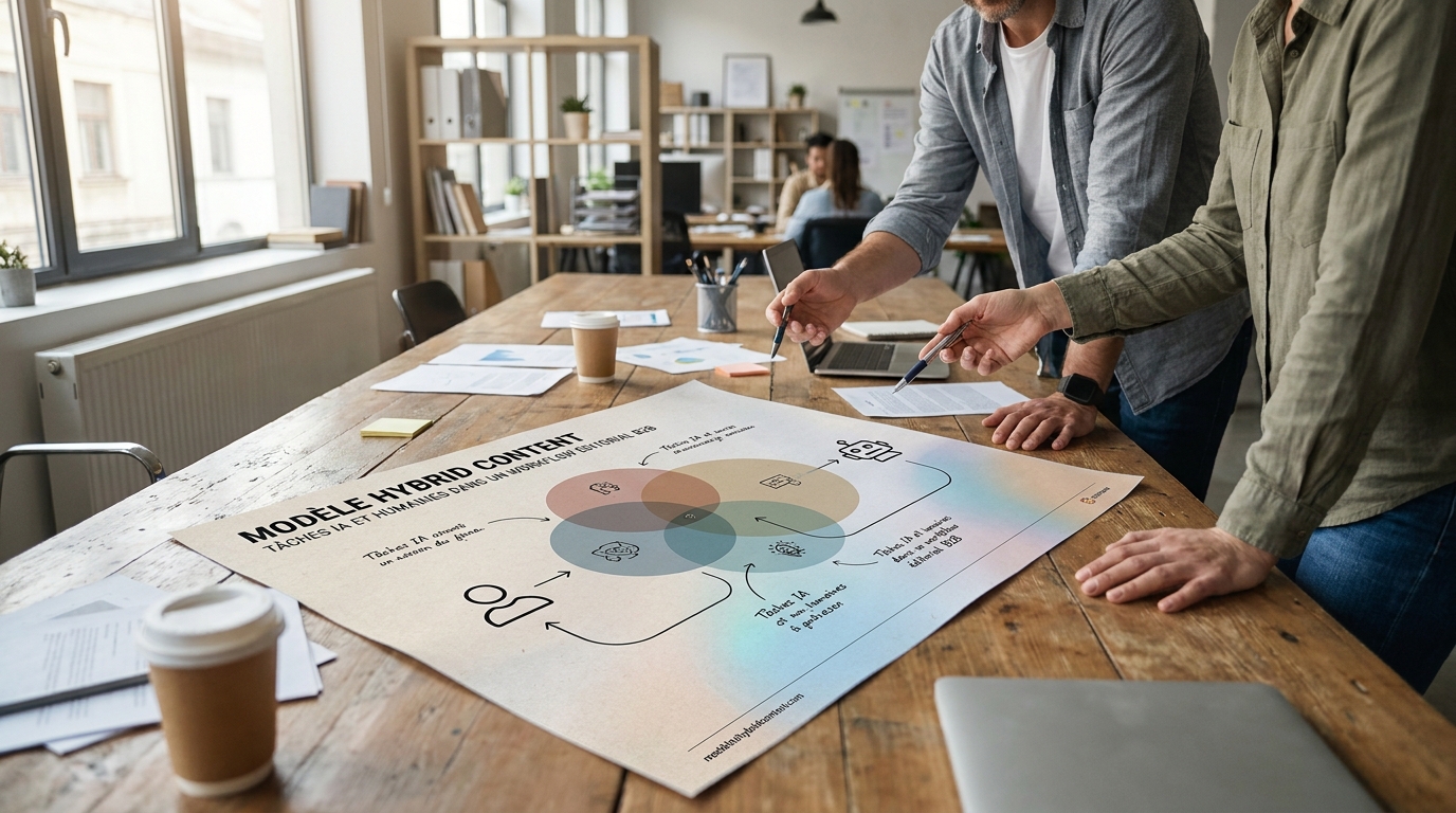 infographie montrant le modèle hybrid content avec répartition des tâches IA et humaines dans un workflow éditorial B2B