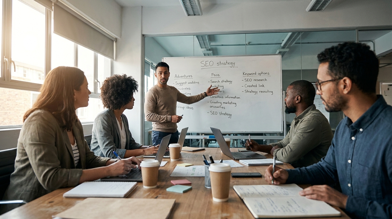 équipe marketing B2B en réunion autour d'un plan d'action SEO post-mise à jour Google