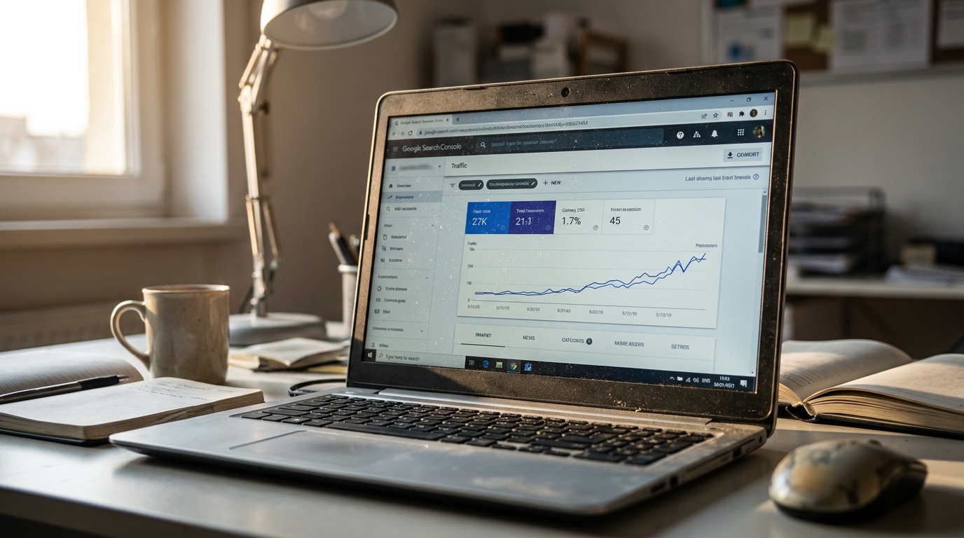 vue rapprochée d'un écran affichant un rapport Search Console avec des courbes de trafic en remontée progressive