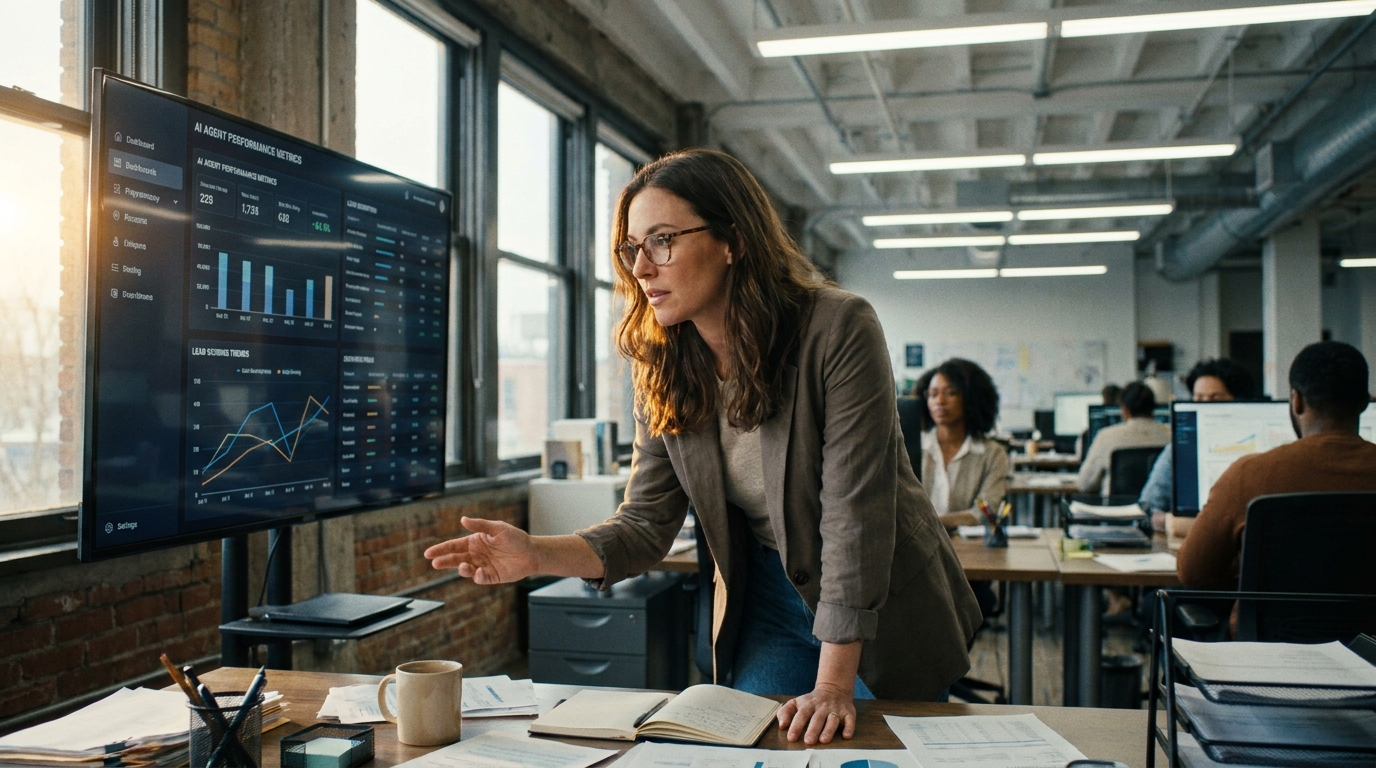 responsable marketing B2B analysant un tableau de bord d'agents IA sur grand écran en open space