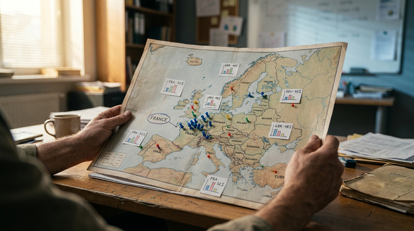 carte d'Europe avec indicateurs d'adoption IA par pays, France mise en avant