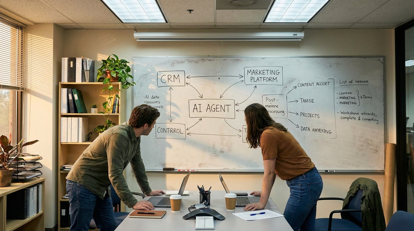 schéma de workflow d'un agent IA qualifiant des leads B2B entre CRM et plateforme marketing