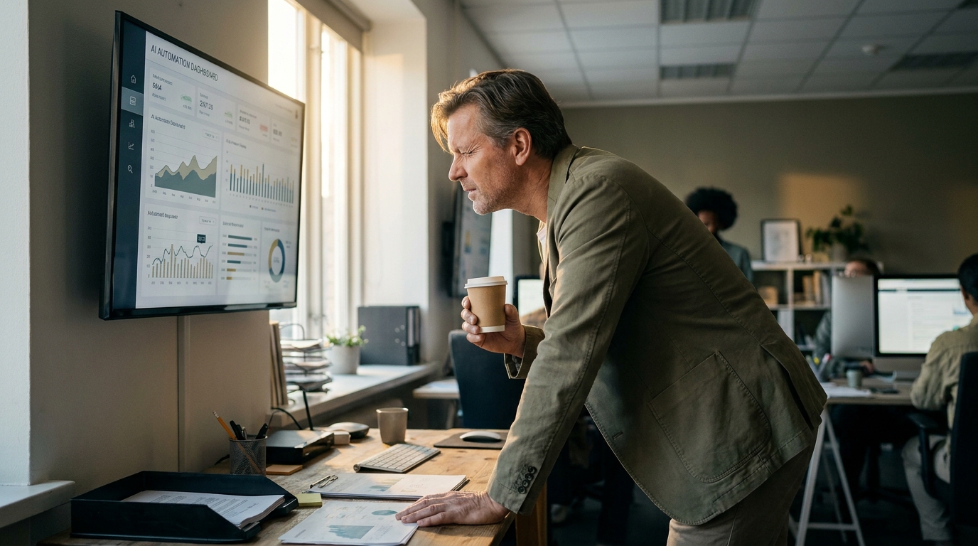 responsable marketing B2B analysant un tableau de bord d'automatisation IA sur grand écran