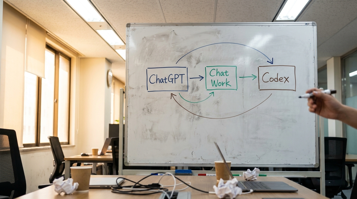 schéma comparatif des trois modes ChatGPT Chat Work Codex avec flèches de progression