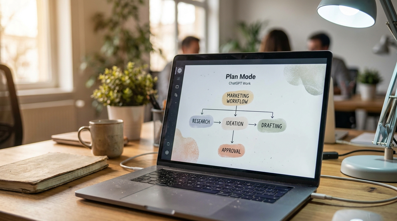 capture d'écran stylisée d'une interface Plan Mode ChatGPT Work avec étapes de workflow marketing