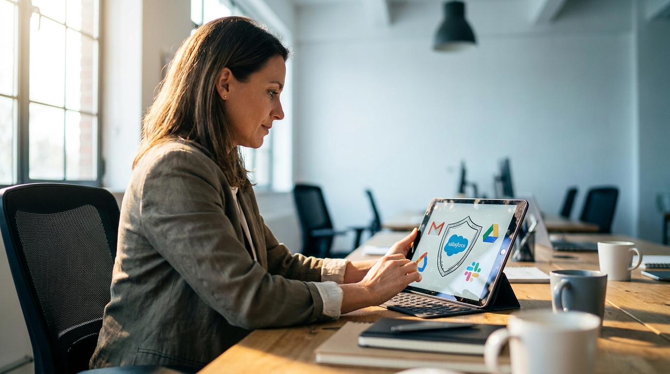 illustration d'un bouclier de sécurité avec icônes d'outils connectés Gmail Salesforce Slack