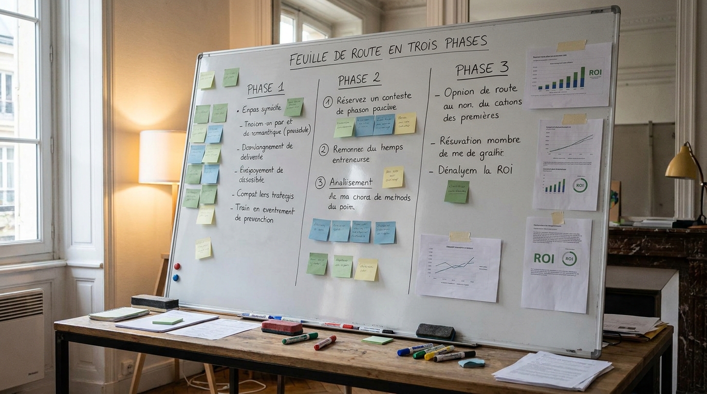 feuille de route en trois phases sur tableau blanc avec post-its et indicateurs ROI
