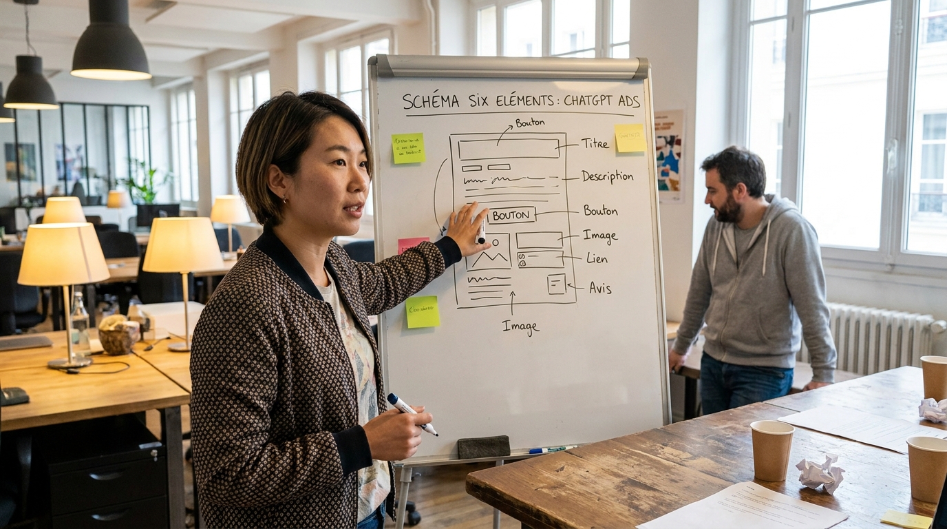 schéma des six éléments d'une carte sponsorisée ChatGPT Ads avec annotations