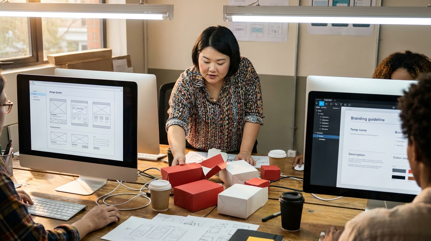 vue aérienne d'une table de travail avec des maquettes de packaging rouge et blanc, des écrans affichant des systèmes de design