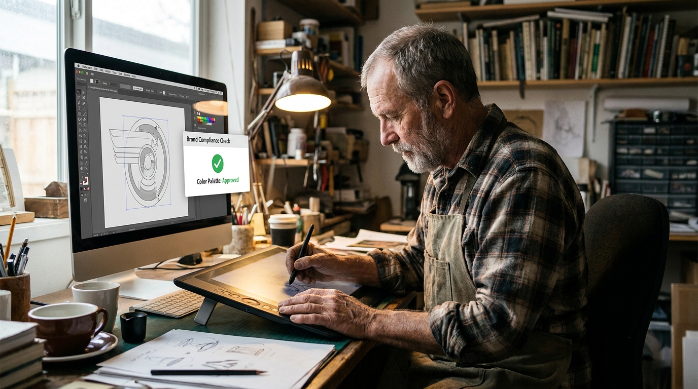 designer travaillant sur Adobe Illustrator avec un panneau de contrôle de conformité de marque visible à l'écran