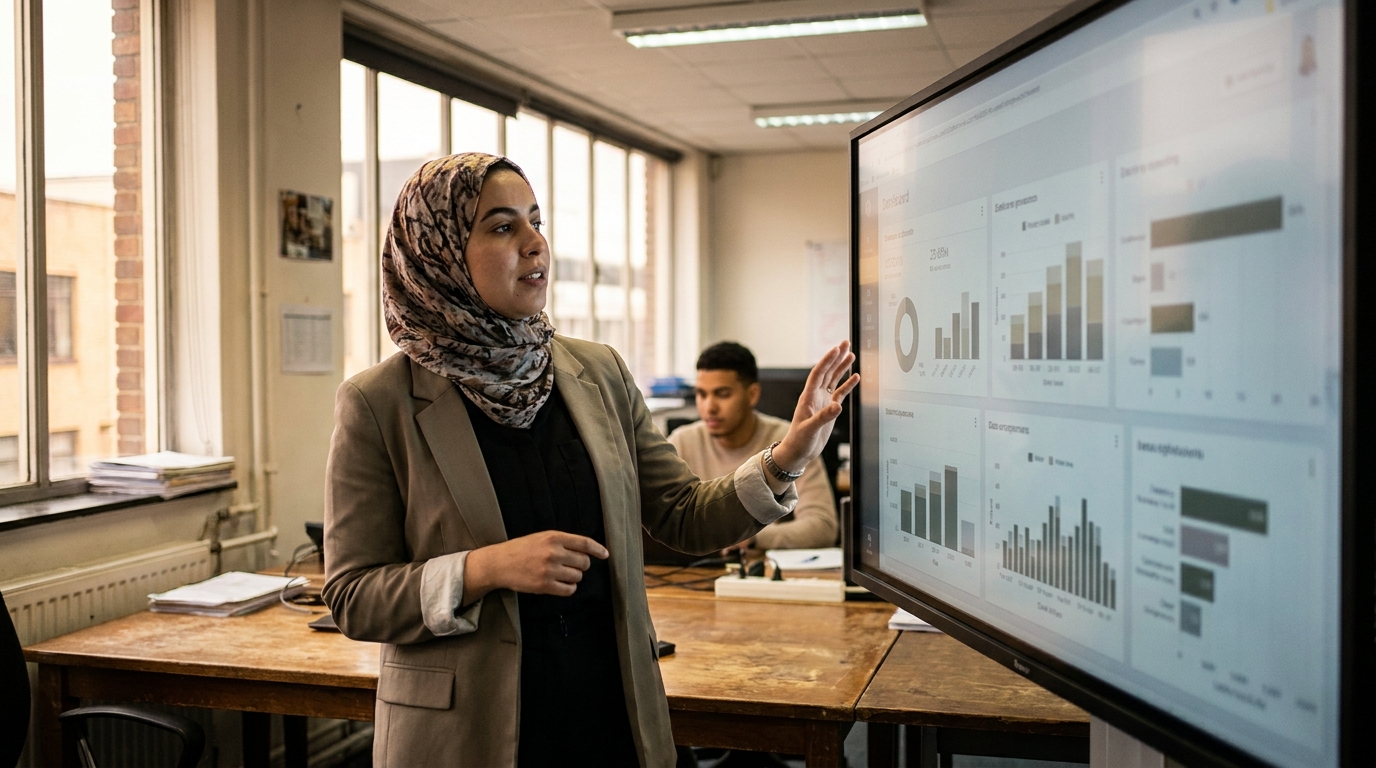 directeur marketing B2B devant un tableau de bord de gouvernance de marque avec indicateurs de conformité par marché