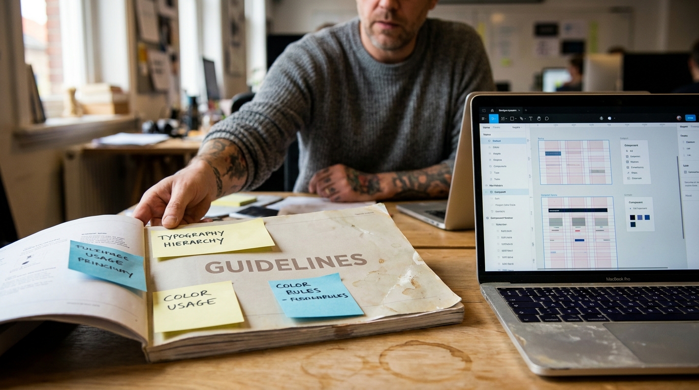 vue macro d'un brand book ouvert sur une table avec des post-its de règles et un ordinateur affichant un système de design