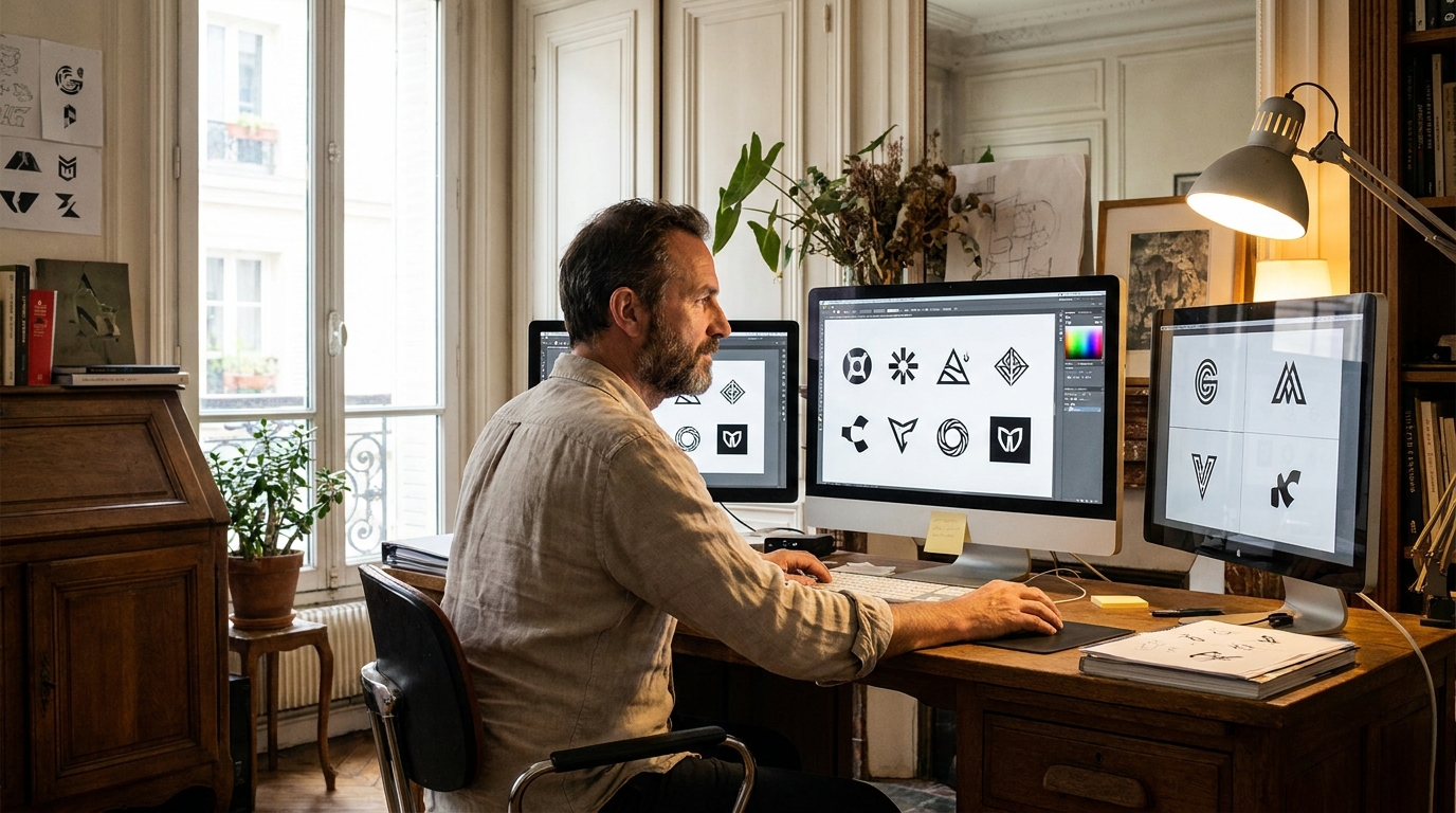 designer professionnel comparant des logos vectoriels sur trois écrans dans un studio parisien