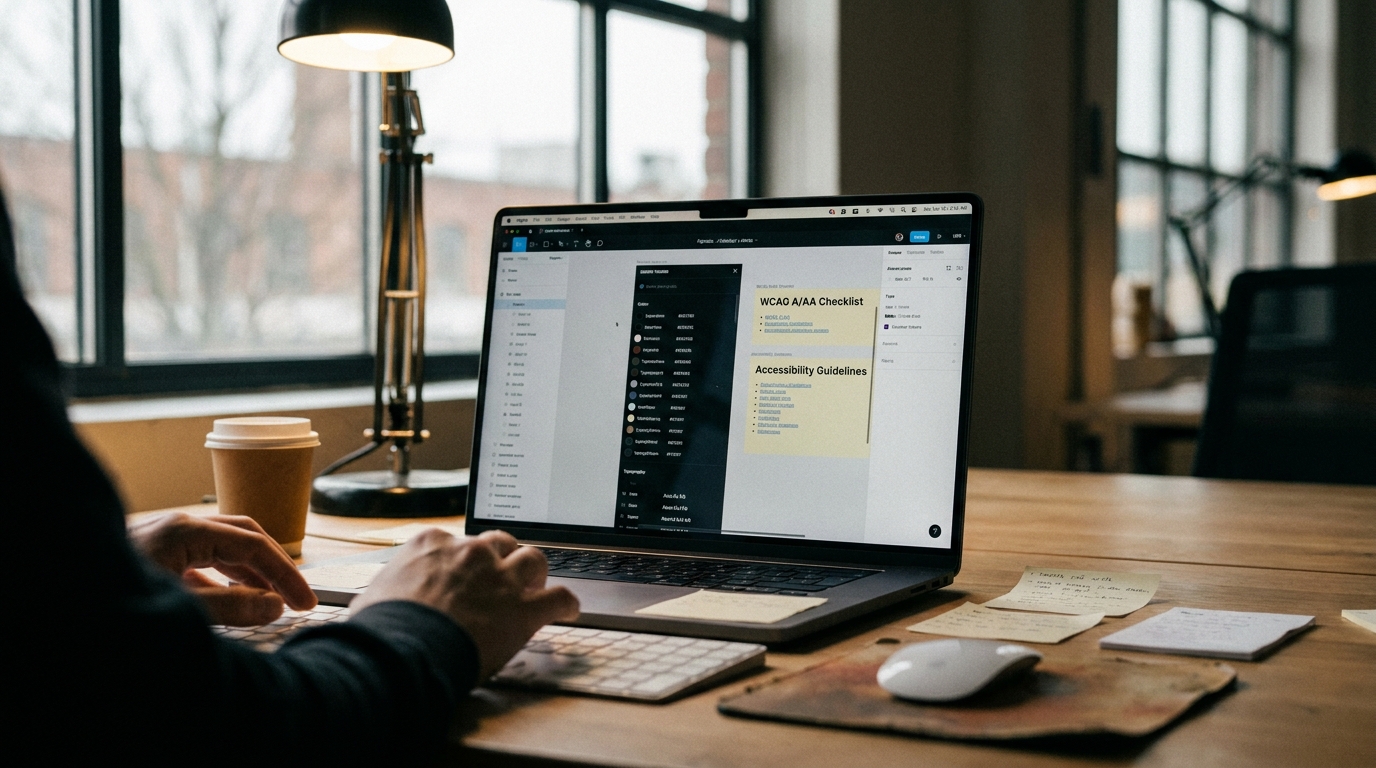 interface Figma avec panneau de design tokens intelligents et annotations d'accessibilité WCAG