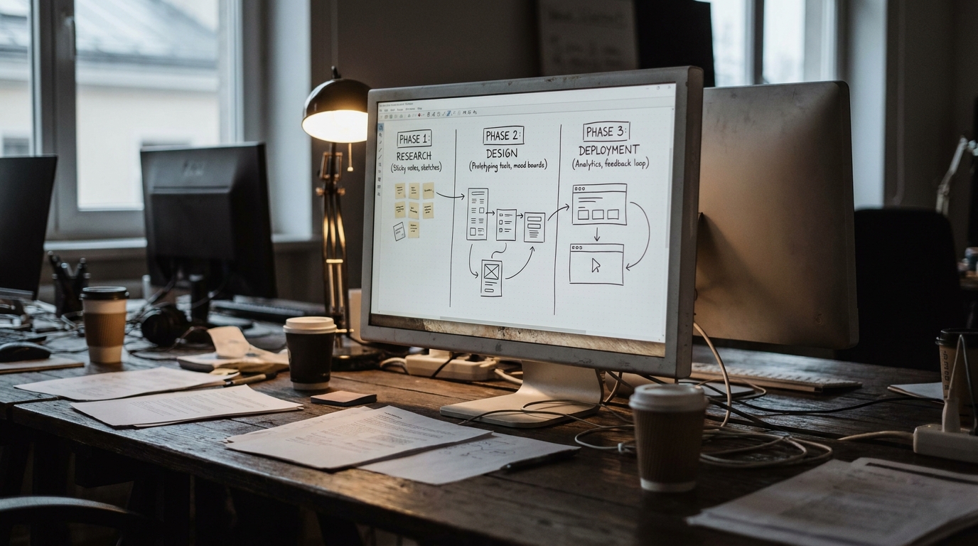 tableau de bord d'agence avec workflow branding IA en trois phases sur fond sombre