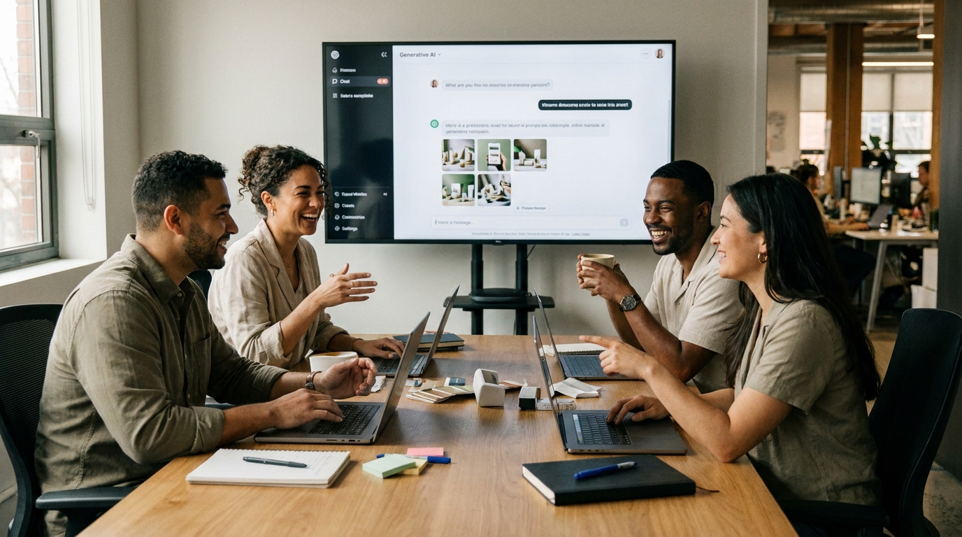 équipe marketing B2B travaillant sur des assets visuels depuis une interface de chat IA