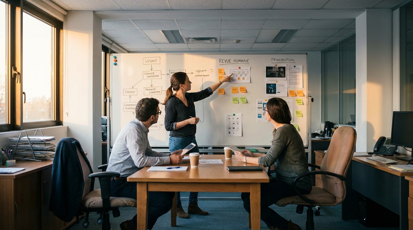 illustration d'un workflow de validation en équipe marketing avec étapes de revue humaine