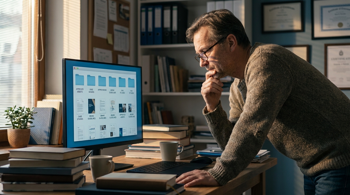 responsable marketing B2B consultant une bibliothèque d'assets approuvés sur écran