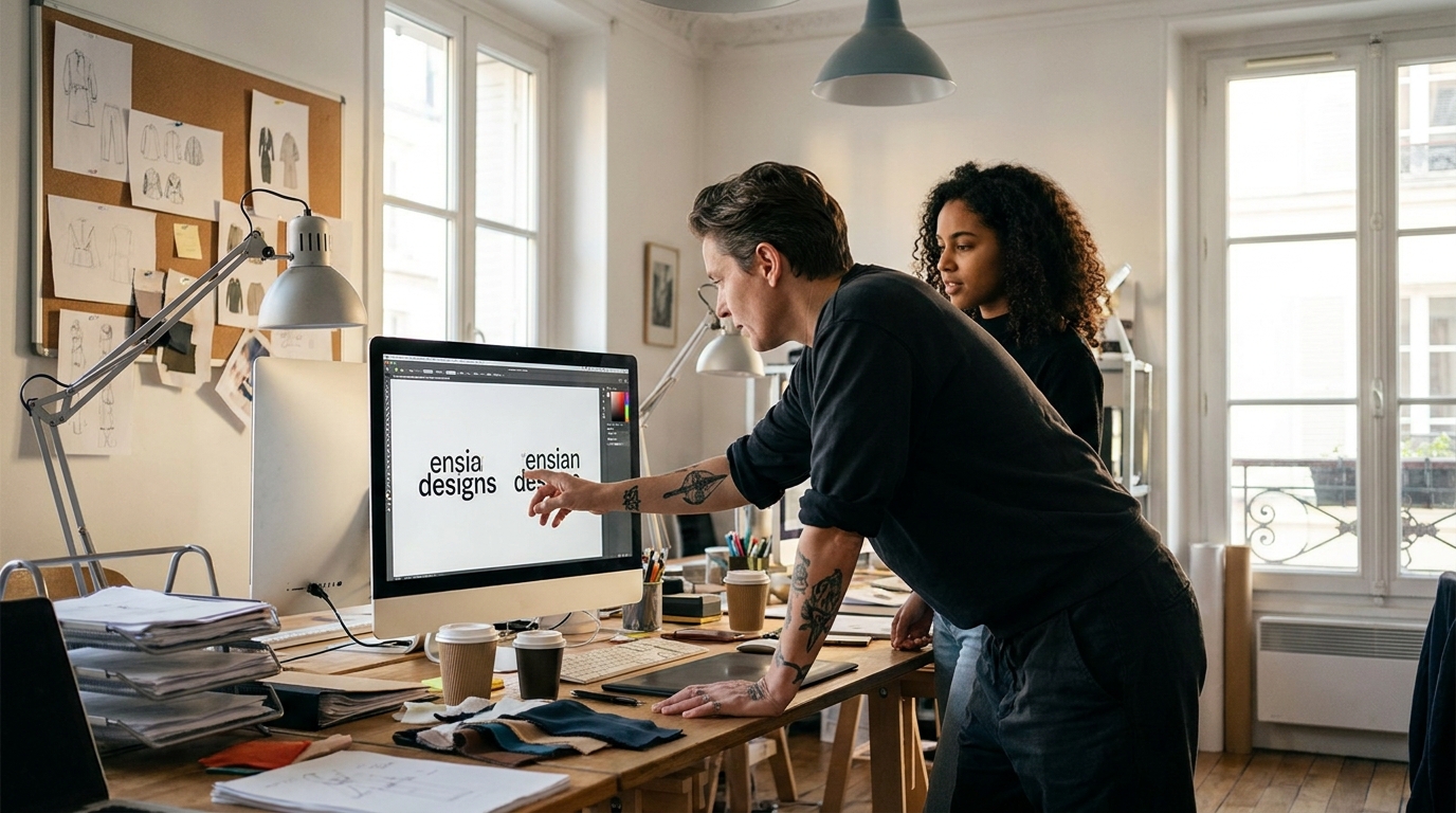 directeur artistique comparant deux versions d'un wordmark sur grand écran dans un studio de design parisien