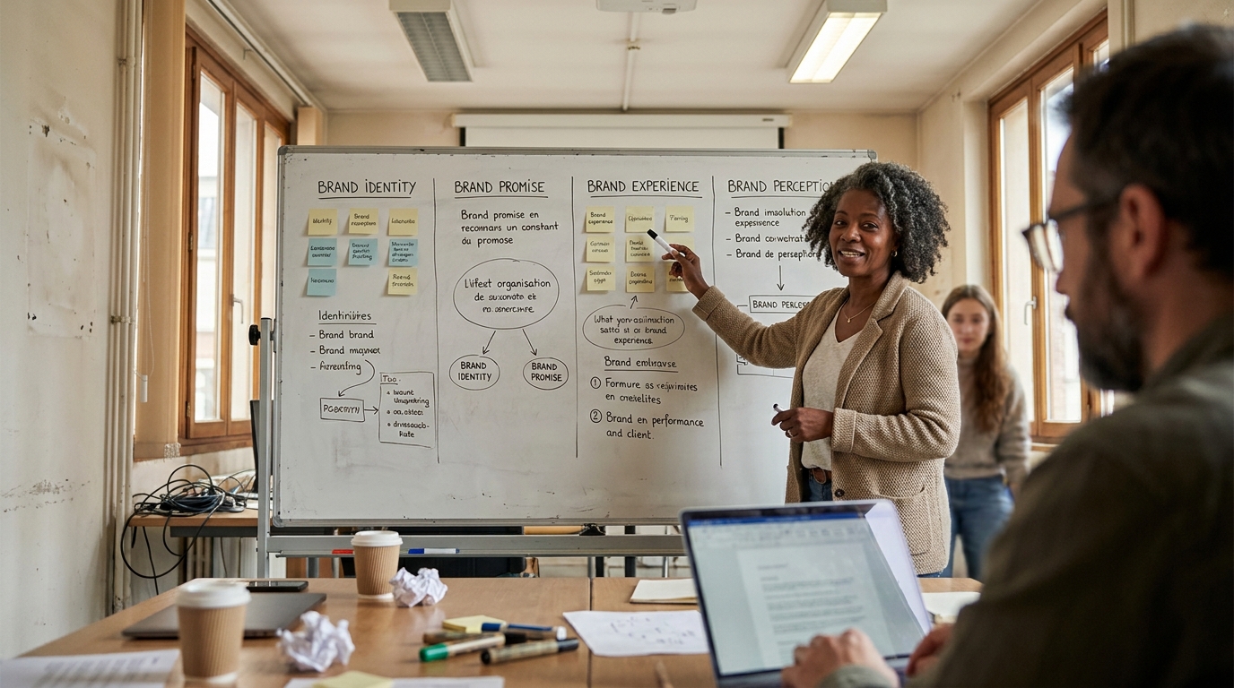 tableau blanc avec les quatre quadrants brand identity, brand promise, brand experience, brand perception remplis lors d'un atelier de refonte