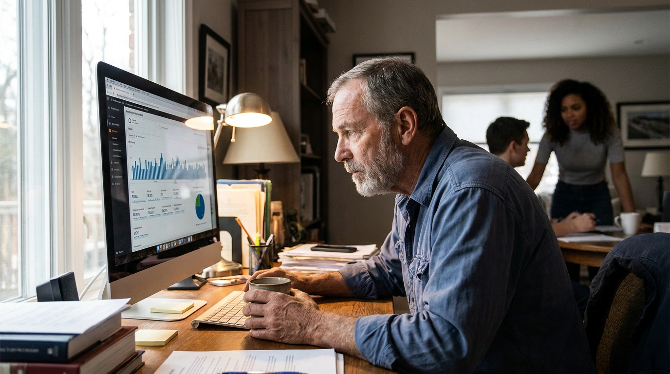 directeur marketing B2B analysant les performances de conversion de son site sur un écran