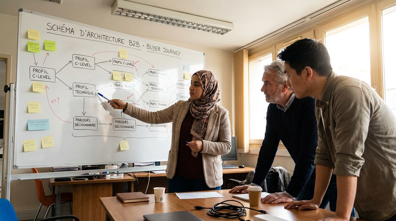 schéma d'architecture de site B2B orienté buyer journey avec parcours distincts par profil acheteur
